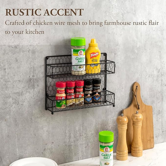 MyGift® Farmhouse Style Metal Wire Spice Rack - Wall Mount or Kitchen Countertop 2-Tier Seasoning Jar Storage Organizer, Black