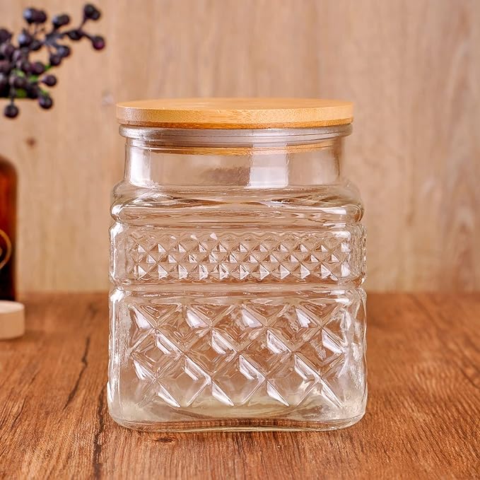 WHJY Glass Storage Container with Lid, Airtight Glass Jars, Farmhouse Tea Canister, Dog Treat Jar for Pet, Glass Candy Cookies Coffee Canister Jar Bath Salt Container - Square 47 oz