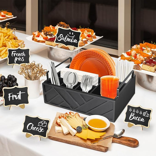 Paper Plate Dispenser with 10 Mini Chalkboard Signs, Wood Paper Plate Holders, Utensil Holder for Party Camping Buffet, Cutlery Flatware Organizer Box, Silverware Caddy for Plate Cup Fork Spoon(Black)