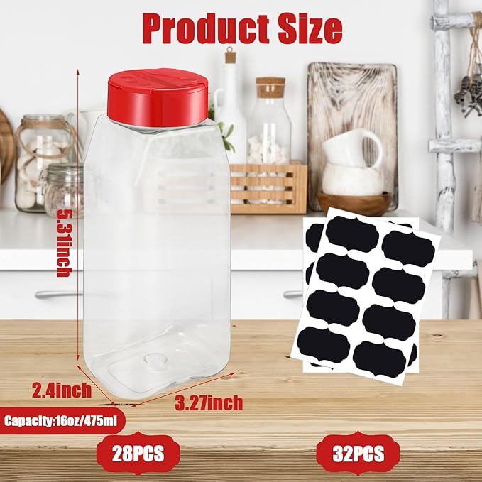 Ysglory 28 Pack 16 Oz Plastic Spice Jars Bottles Containers with Red Cap Empty Seasoning Bottles Large Clear Spice Shaker and Stickers for Storing Spice, Salt, Herbs
