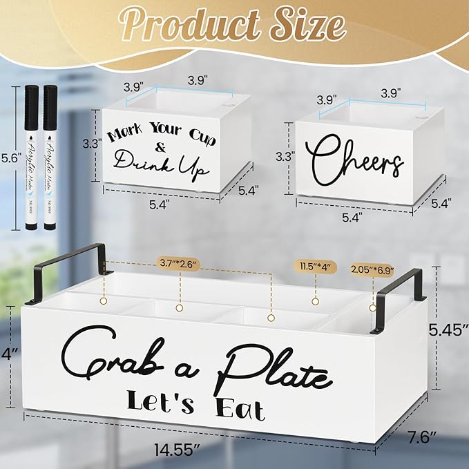 Paper Plate Holders with 2 Cup Holders and 2 Markers, Wood Utensil Holder for Party, Kitchen Paper Plate Dispenser for Counter, Disposable Plate Organizer, Silverware Holder for Cup, Plate, Napkin