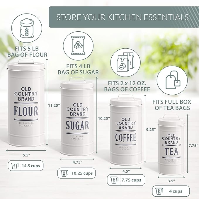 Barnyard Designs Canister Sets for Kitchen Counter, Farmhouse Canisters Sets for the Kitchen Countertop, Coffee Tea Sugar Flour Metal Containers with Lid (White)