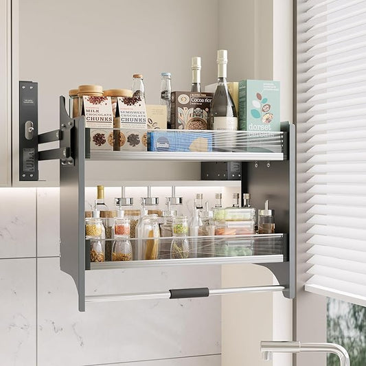 30~32'' Pull Down Shelf for Kitchen Upper Cabinet, Heavy Duty Cabinet Organizer, 2 Tier Kitchen Cabinet Pull Down Shelf Large Storage Space, Grey