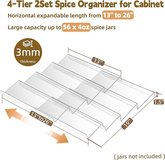 Acrylic Spice Drawer Organizer, 4 Tier- 2 Set Spice Rack Organizer for Cabinet Expandable From 13" to 26", Kitchen Seasoning Jars Drawers Insert Tray (Jars not included)