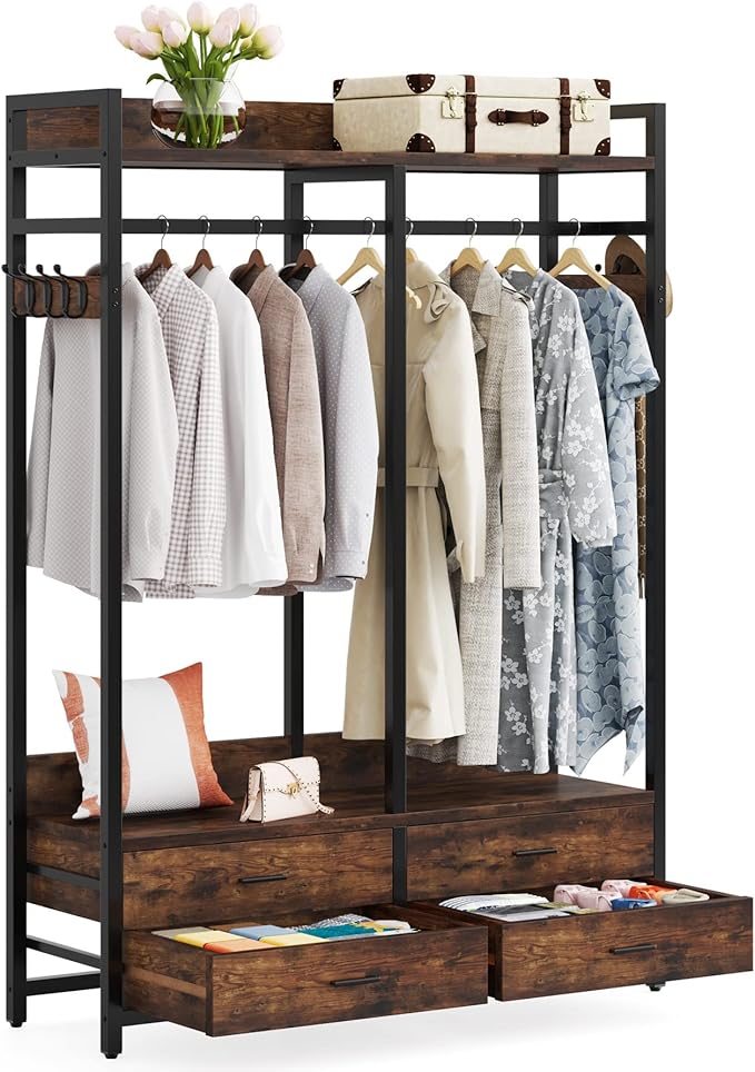 Tribesigns Freestanding Closet Organizer for Hanging Clothes, Heavy Duty Garment Rack with 4 Drawers, 8 Hooks and Storage Shelves, Wardrobe Closet Clothing Rack for Bedroom, Living Room, Rustic Brown