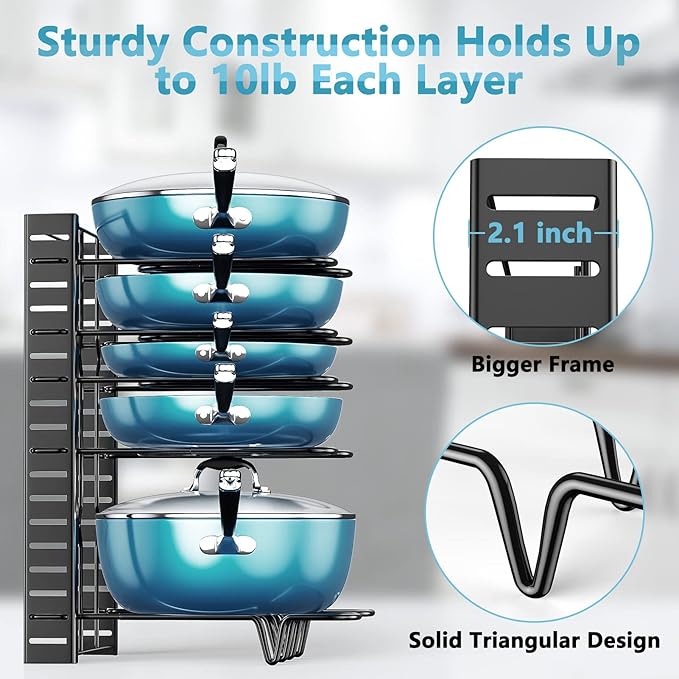 ORDORA 8 Tier Pot and Pan Organizer Rack for Cabinet With 3 DIY Methods, Adjustable Organizer for Pots, Pans and Lids