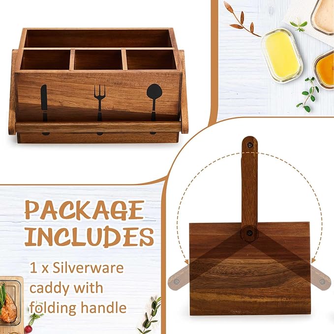 Geetery Acacia Utensil Caddy Silverware Caddy with Handle Wooden Multipurpose Countertop Flatware Napkin Utensil Organizer for Party Picnic Kitchen Trip, 9.1 x 5.9 x 4.5 in(Wood Color)