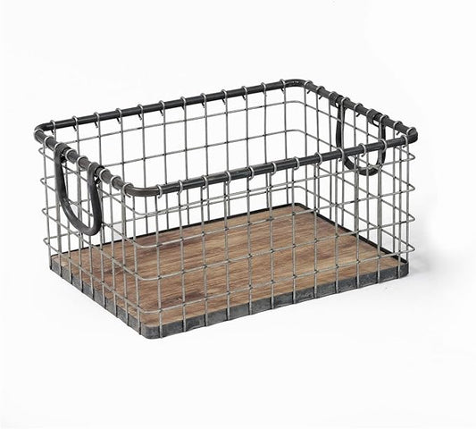 16" Rectangular Sturdy Hand Welded Farmhouse Metal Wire Basket with Rustic Wooden Bottom For Shelves, Closet Storage Bins for Shelves. Also For Laundry, Towel, Spice Rack, Tool Box (1)