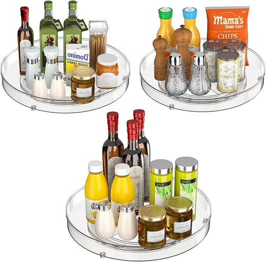 Lazy Susan Turntable Spice Rack Organizer Round Clear Food Storage Container Rotating Condiments Spinning Organizer for Kitchen, Cabinets, Pantry, Refrigerator, Countertops - Set of 3
