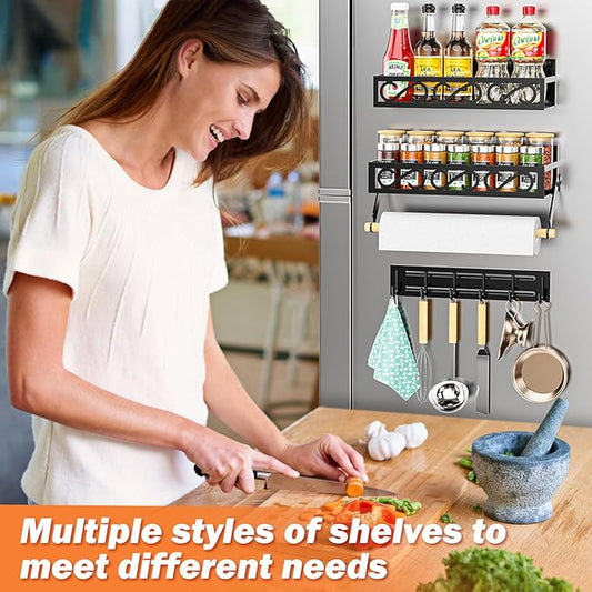 Spice Racks Magnetic for Refrigerator, Magnetic Spice Shelves with Paper Holder, Moveable 6 Hook Rack, Magnetic Fridge Organizer Set(3Pack), BLACK