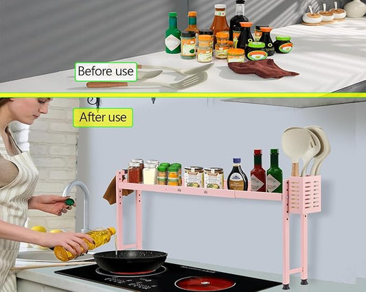 Over Stove Shelf Stove Top Organizer Shelf for Kitchen with Extra Basket and Hooks Adjustable 27 to 32 Inches Pink Over the Sink Spice Rack for Countertop (Pink)