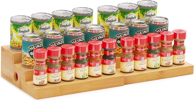 SpaceAid Bamboo Spice Rack Organizer for Cabinet, Kitchen Pantry Spices Storage Rack for Cabinets Organization, Home Seasoning Tiered Can Goods Racks Wood Shelf Organizers (3 Tier, Natural)