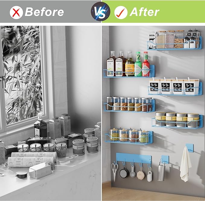Magnetic Spice Rack for Refrigerator, 9 Pack Magnetic Fridge Shelves W/Adjustable Paper Towel Holder, Hook Rack, Moveable Spice Organizer Shelf for Kitchen Organization and Storage (Blue)