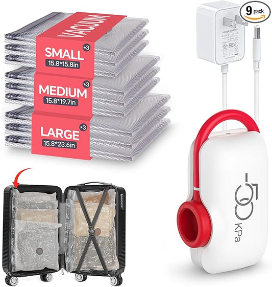 VMstr Vacuum Storage Bags for Travel with Electric Pump - 9 Pack Space Saver Compression Bags for Travel, Carry-On Size for Luggage, Compact & Reusable Organizer for Clothes Storage
