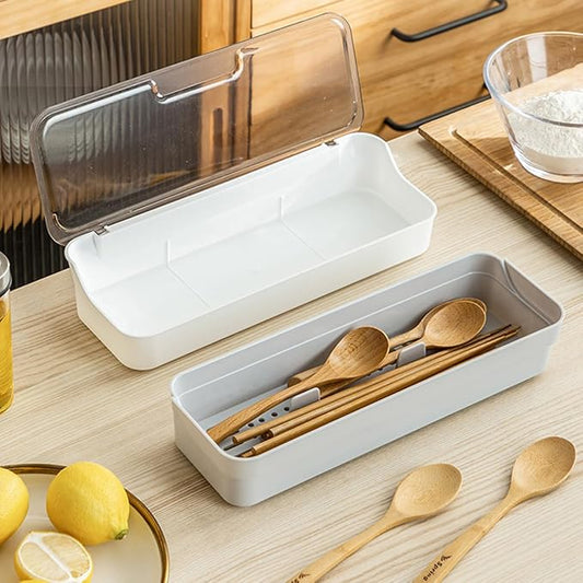 Plastic Kitchen Drawer Organizer with Lid and Drainer Stackable Utensil Holder for Countertop Silverware Tray Flatware Organizers - 13x4.7x2.4 Inch Spatula Cutlery Storage Box