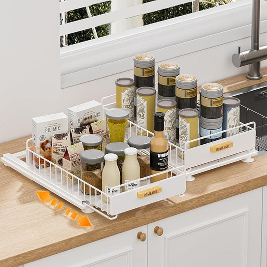 Under Sink Organizer, 2 Packs Under Sink Organizers and Storage, Slide Out Pull Out Cabinet Organizer Shelf with Metal Drawers for Kitchen Bathroom Pantry, White