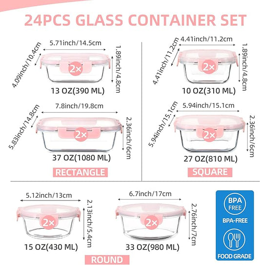 UMEIED 12 PACK Glass Food Storage Containers with Leak Proof Lids, Glass Airtight Meal Prep Containers Set for Lunch, On the Go, Leftover, Kitchen Pantry Organizers and Storage (Pink)