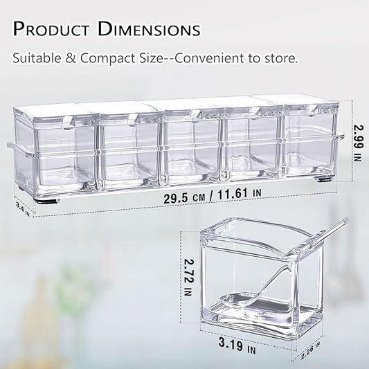 V·RESOURCING Clear Seasoning Box, 5 Pieces Clear Seasoning Storage Container for Spice Salt Sugar Cruet,Condiment Jars with Spoons