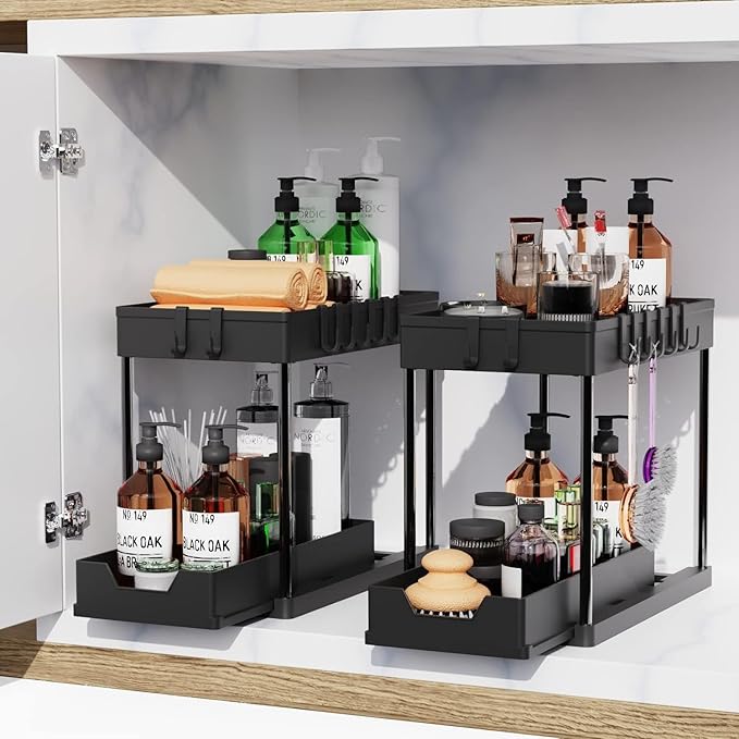 2PC Under Sink Organizer with Hanging Cups - 2 Tier Metal Under Sliding Cabinet Organizer Drawer with 4 Hooks for Bathroom Pantry Cabinet Rack Black