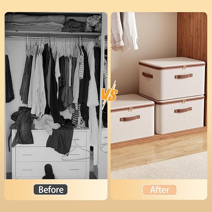 Tuza 3 Pcs Rigid Storage Bins with Zipper Lid, Cotton Linen Fabric Storage Boxes, Foldable Shelves Clothes Storage Cubes with Handles for Wardrobe, Closet(Beige, 56L)