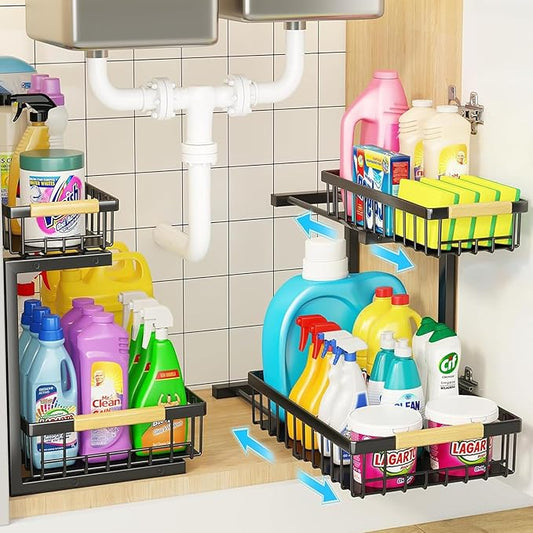 Miyawell Under Sink Organizer and Storage, 2-Tier Pull Out Cabinet Organizers Shelf, Metal Sliding Drawers Shelves for Kitchen Bathroom Closet Organization, 2 Pack