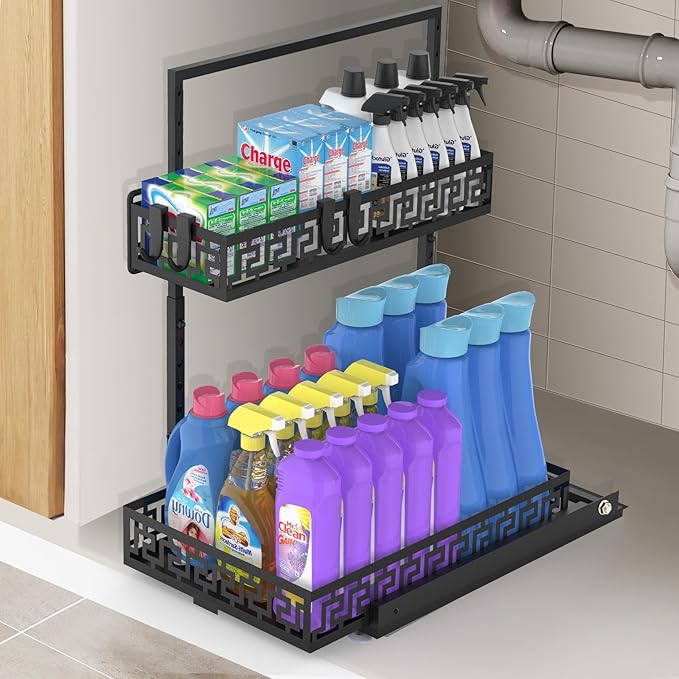 KIMCHOMERSE Under Sink Organizer Shelf, 2 Tier Pull Out Under Sink Rack, Under Counter Cabinet Organizer Storage Shelf for Bathroom Storage Organizer, Kitchen Pantry Cabinet Organizers -Black