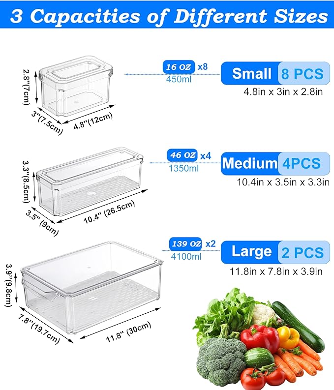 14-Pack Fridge Organizer – Stackable Refrigerator Storage Bins with Lids – BPA-Free Clear Fruit Storage Containers for Vegetables, Food & Drinks