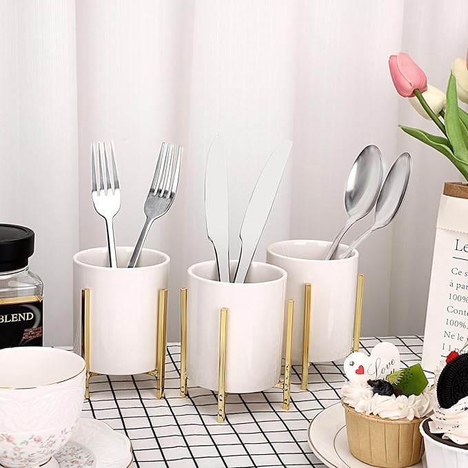 JUXYES Pack of 3 Ceramic Silverware Holder For Party Table, White Cutlery Holder Holder With Golden Metal Bracket, Small Flatware Caddy Organizer Utensil Holder Organizer for Kitchen Dining Tables