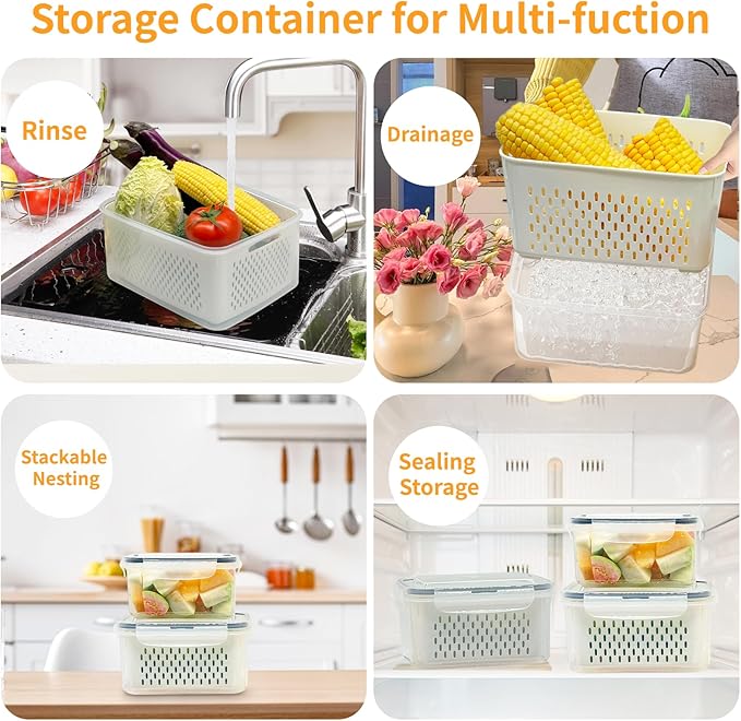 Fruit Storage Containers for Fridge,Produce Saver Containers for Refrigerator with Drain Colander,Food Storage Container,Dishwasher&Microwave Safe,Keep Fruits,Vegetables,Berry,Meat Fresh longer 6Pack.