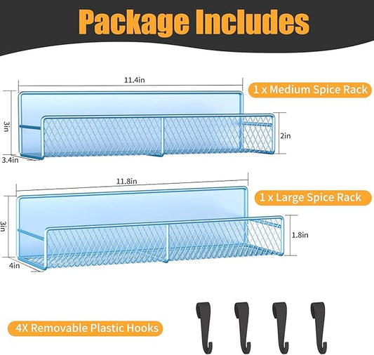 Magnetic Spice Rack for Refrigerator, 2 Pack Metal Magnetic Shelf Blue, Moveable Spice Organizer with Hooks, Super Magnetic Fridge Shelf for Kitchen Organization and Storage