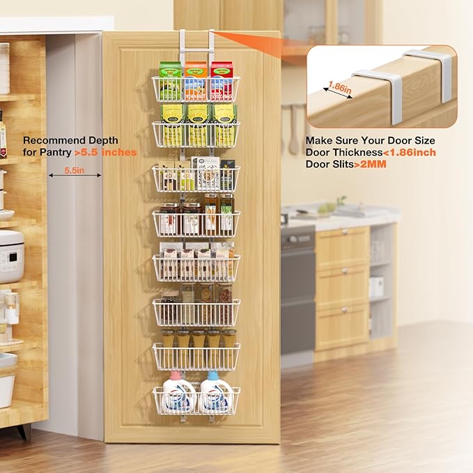8 Tier Over the Door Pantry Organizer, Over the Door Spice Rack with Adjustable Baskets, Metal Hanging Door Pantry Organizers and Storage for Kitchen Bathroom Bedroom, White