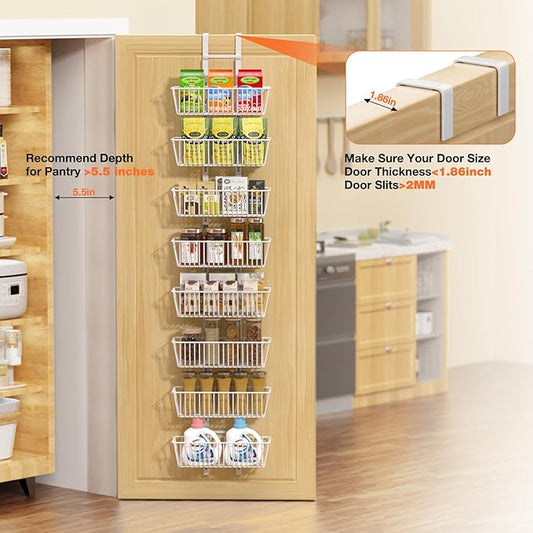 8 Tier Over the Door Pantry Organizer, Over the Door Spice Rack with Adjustable Baskets, Metal Hanging Door Pantry Organizers and Storage for Kitchen Bathroom Bedroom, White