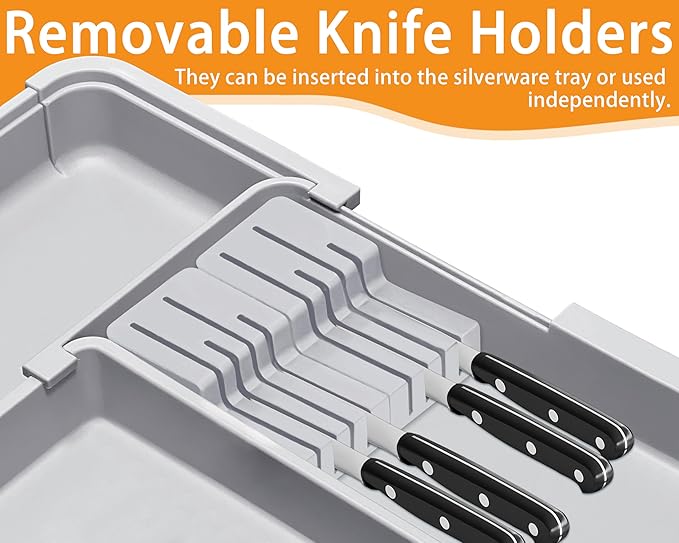 Silverware Drawer Organizer for Kitchen, Adjustable Utensil Drawer Organizer with 2 Knife Block, BPA Free Flatware and Cutlery Holder, Expandable Plastic Storage for Spoons Forks Knives(Grey)