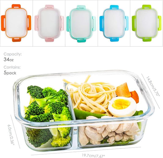 C CREST Glass Meal Prep Containers 2 Compartment Set, 5-Pack, 34oz, Glass Bento Boxes for Adults, Divided Glass Lunch Containers with Lids