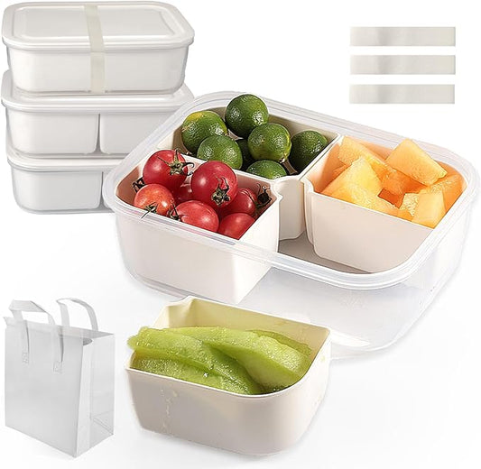 4Pcs Divided Serving Tray with Lid: Fruit Storage Containers for Fridge with 4 Removable Compartment, Storage Organizer for Snacks, Fruit, vegetables, Portable Snackle Box for Party, Travel, Picnics