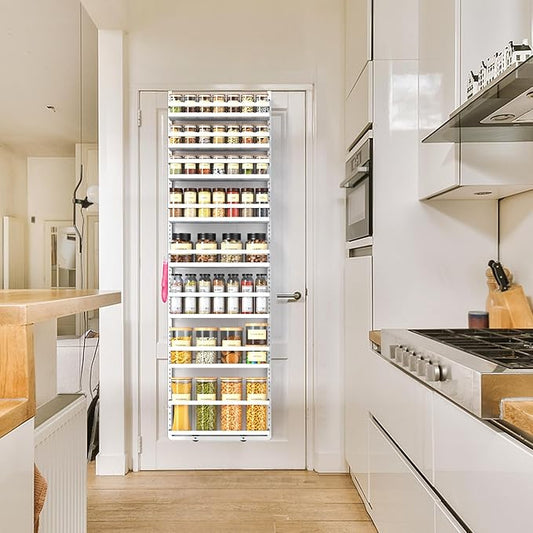 8-Tier-Over-the-Door-Pantry-Organizer W/ Adjustable Basket&Fence,Large Wall Mount Spice Rack Organizer, Hanging Spice Seasoning Shelf Organization For Kitchen Cabinet Door, Bathroom Door Storage