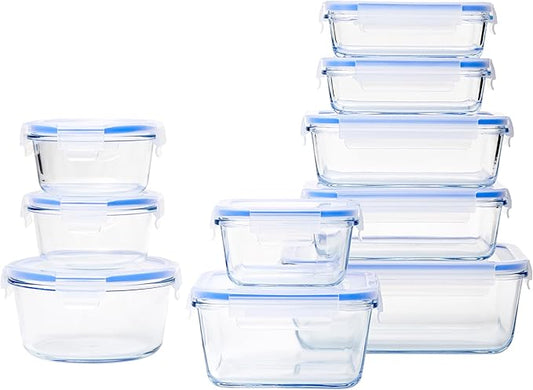 Amazon Basics 20-Piece Glass Food Storage Containers, includes 10 Bases and Plastic Lids, Transparent, Blue