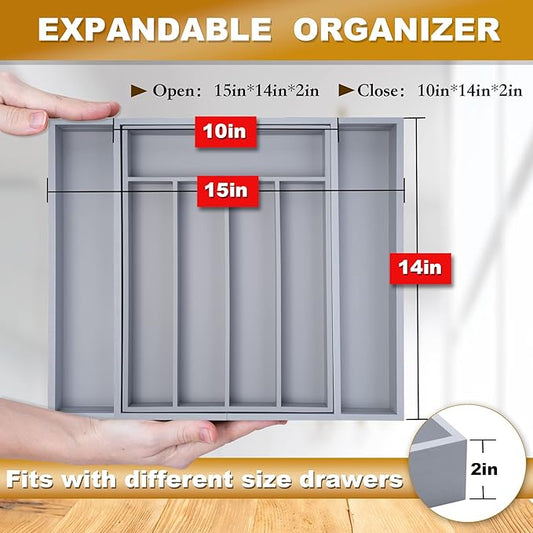 Expandable Utensil Organizer Silverware Organizer for Kitchen Adjustable Utensils Holder Bamboo Large Flatware Silverware Cutlery in Drawer (7 Slot, Gray)