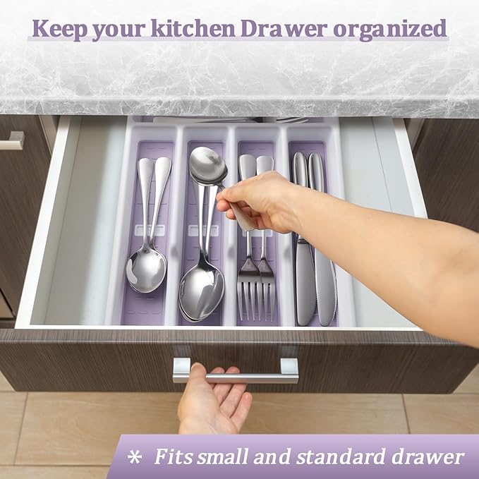 Silverware Organizer with Cutlery Icons，Silverware Tray for Kitchen Drawer，Flatware Tableware Cultery Drawer Organizer Utensil Organizer with Non-slip TPR Linings，Kitchen Organization Essentials