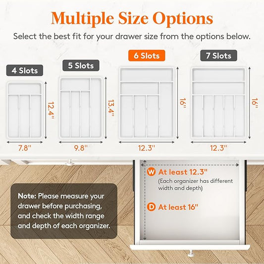 Lifewit Silverware Tray, Deep Wide Cutlery Drawer Organizer Storage for Kitchen, Plastic Flatware Utensil Holder Divider for Spoons Forks Knives Tableware, 6 Compartment, White