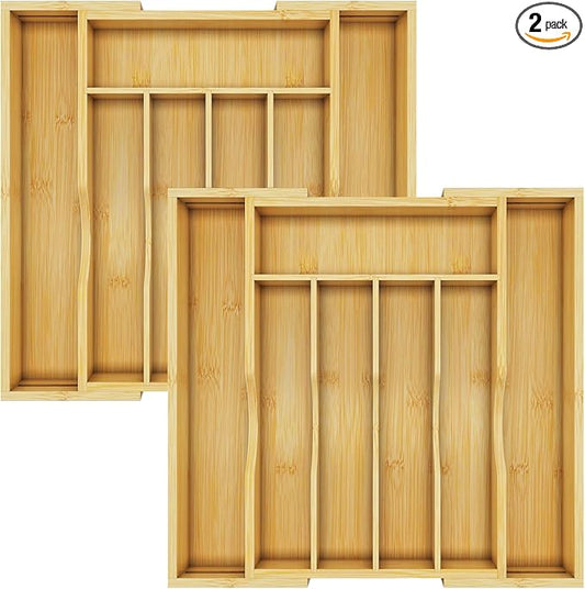 BAMBUROBA Bamboo Kitchen Drawer Organizer,Expandable Silverware Organizer,2 Pack Utensil Holder and Cutlery Tray with 7 Slots,Gadgets Storage Divider,Natural
