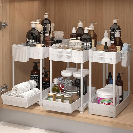 3 Pack Under Sink Organizer, 2-Tier Multi-Use Kitchen Bathroom Organizers and Storage with Sliding Drawer，Bathroom Cabinet Organizer (White)