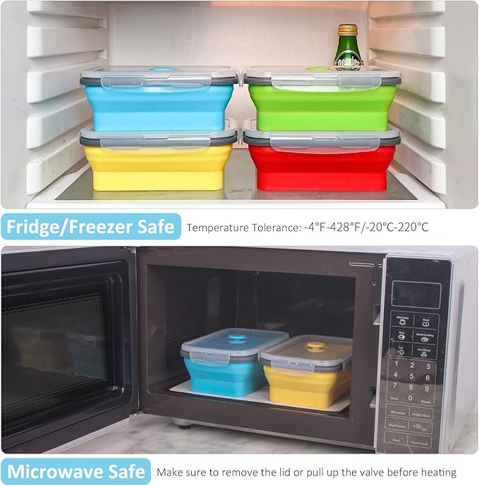 Collapsible Food Storage Containers with Airtight Lid, 27 oz, Kitchen Stacking Silicone Collapsible Meal Prep Container Set for Leftover, Microwave Freezer Dishwasher Safe, 4 Colors, Set of 4