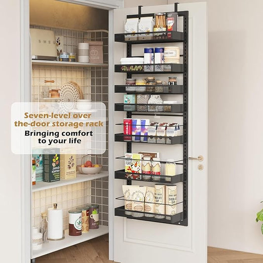 UMDONX Over The Door Pantry Organizer，7-Tier Pantry Organization and Storage with Adjustable Baskets，Metal Hanging Spice Rack with 2 Detachable Guardrails