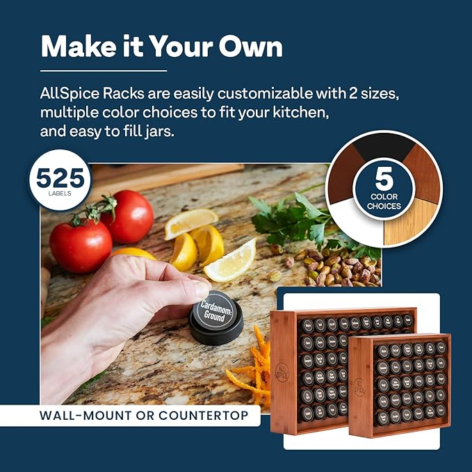 AllSpice Wood Spice Rack Organizer, 525 Unique Labels, Countertop or Wall Mount, Includes 60 4oz Jars- Cherry Stain