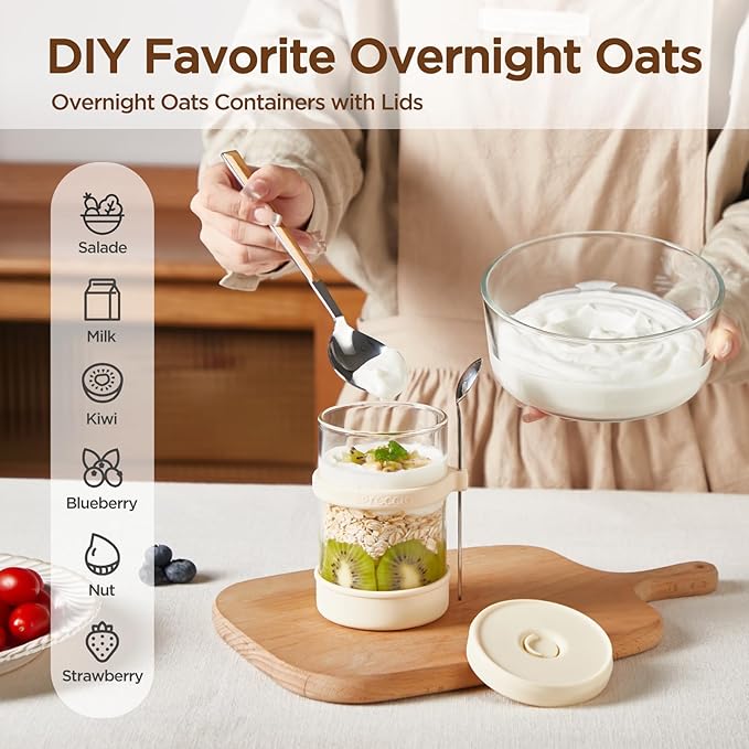 Glass Overnight Oats Containers with Lids of Silicone and Spoon 16 oz [2 Pack], Airtight Overnight Oats Jars with Silicone Lid, For Yogurt Containers Chia Pudding Jars Snack Spice (Grey)
