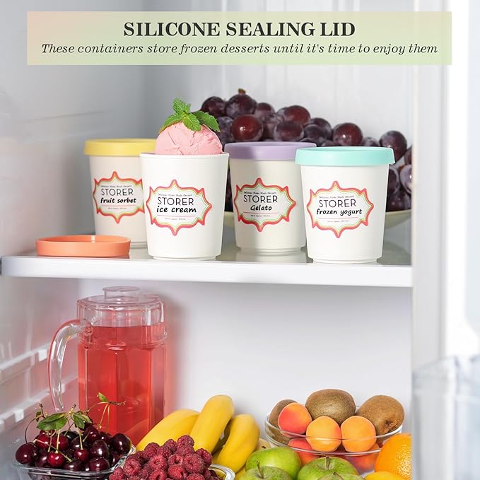 Set of 4 Ice Cream Containers for Homemade Ice Cream（6.8oz. Each），Reusable Plastic Storage Containers Cups with Lids for Freezer，Stackable Storage Container for Gelato，Yogurt, Sorbet