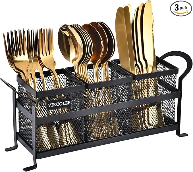Kitchen Utensil Holder, Silverware Organizer Holder, Compact Metal Organizer for Flatware, Spoons, Forks, and Knives - 3 Separate Compartments Perfect for Kitchen Countertop- Black