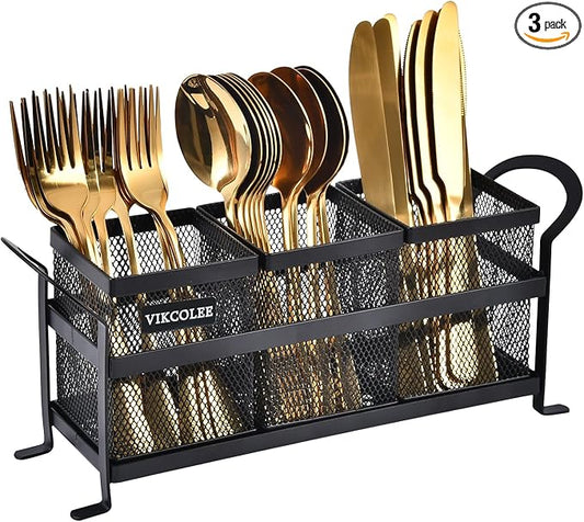 Kitchen Utensil Holder, Silverware Organizer Holder, Compact Metal Organizer for Flatware, Spoons, Forks, and Knives - 3 Separate Compartments Perfect for Kitchen Countertop- Black