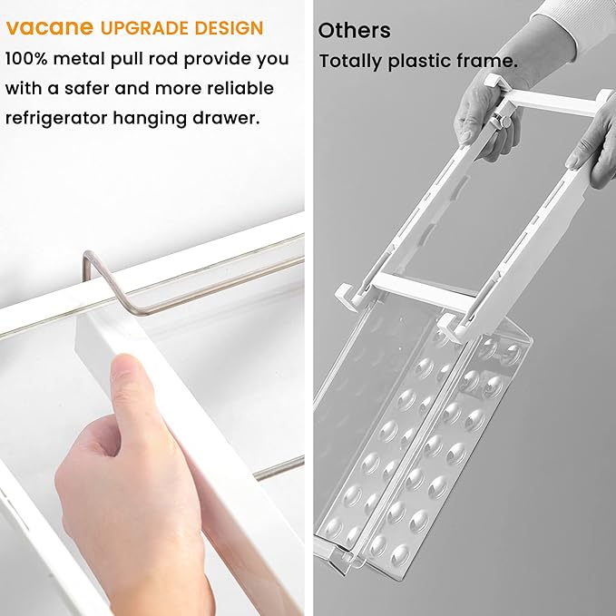 vacane Fridge Organizer Drawer, Clear Plastic Fridge Organizer Bins, Add on Refrigerator Drawer,Fridge Storage Container Under Shelf Holder for Fruit, Vegetable, Meat, Cheese, Easy to Install-M